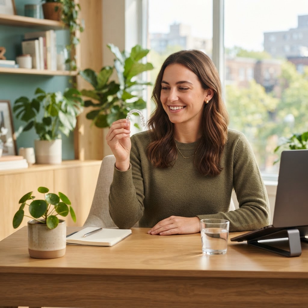 Young professional looking at clear aligners in a bright office