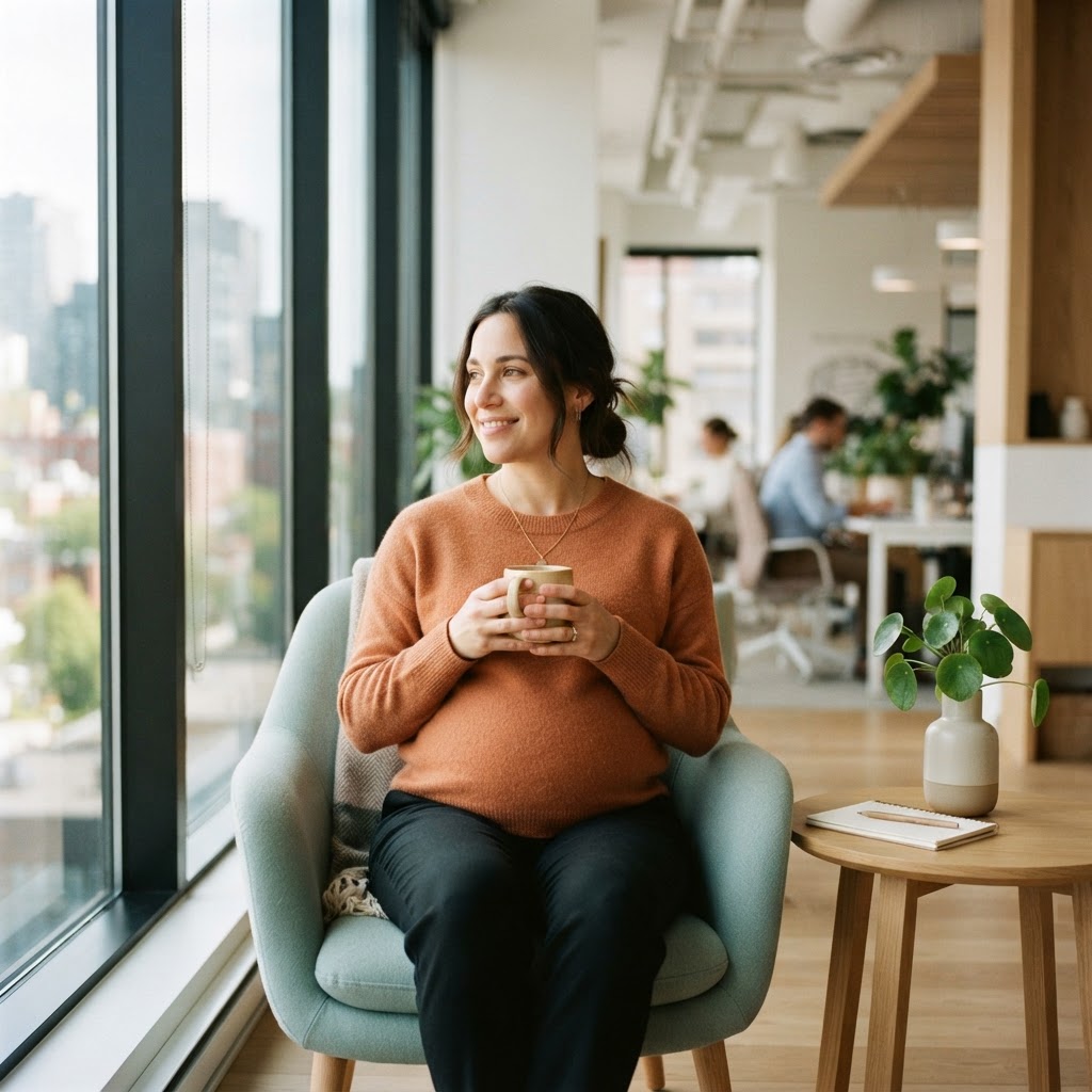 A serene pregnant employee relaxing in a modern office