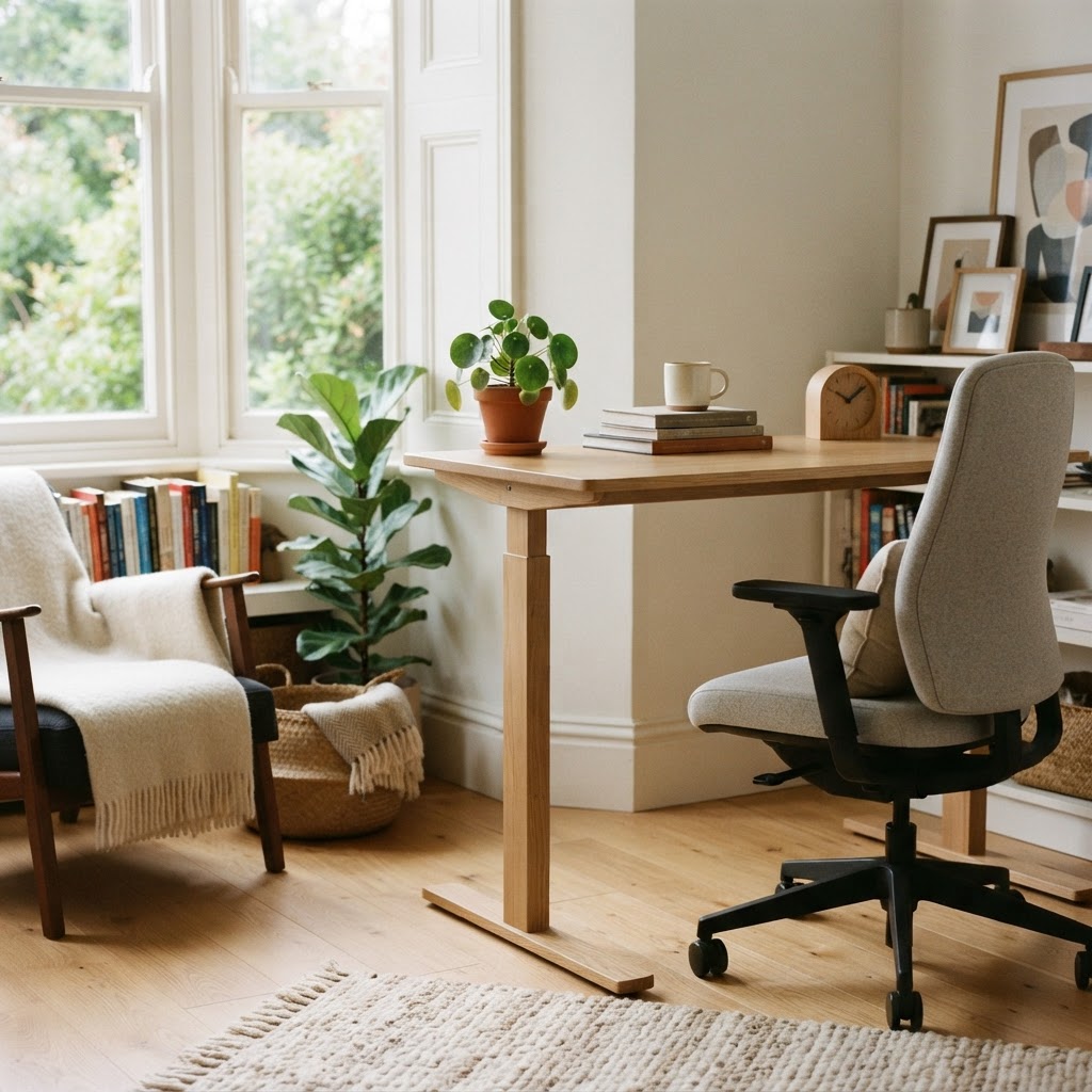 A sunlit modern home office corner with plants and a desk