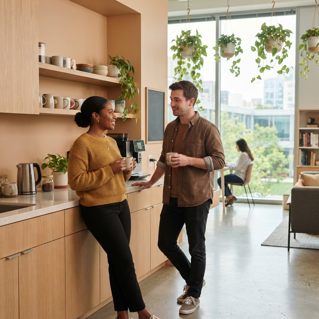 Two colleagues having a supportive conversation in an office kitchen