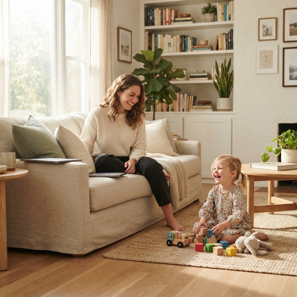A parent and child playing happily in a bright living room