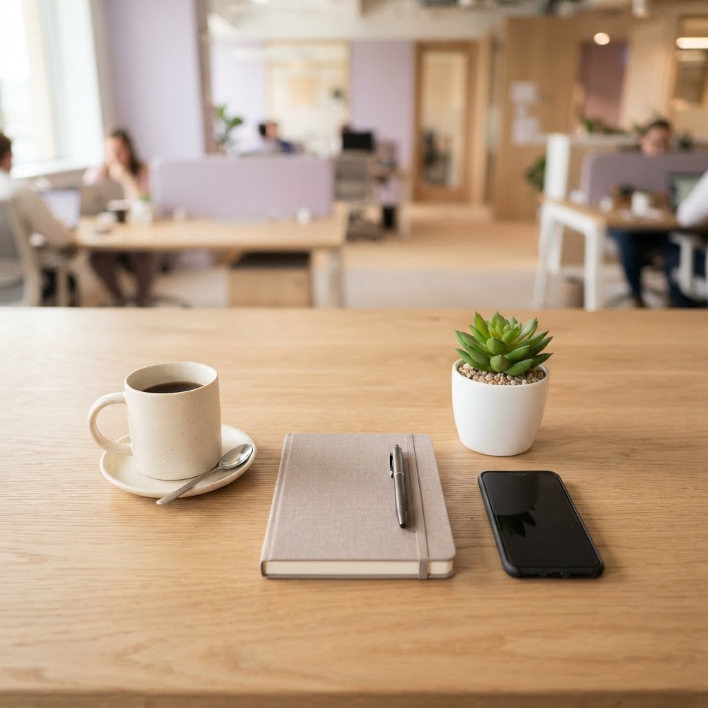 An organized desk with a notebook and plant in a sunny office