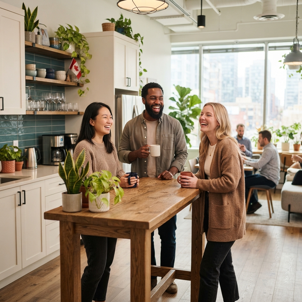 Colleagues laughing together in a modern bright office kitchen