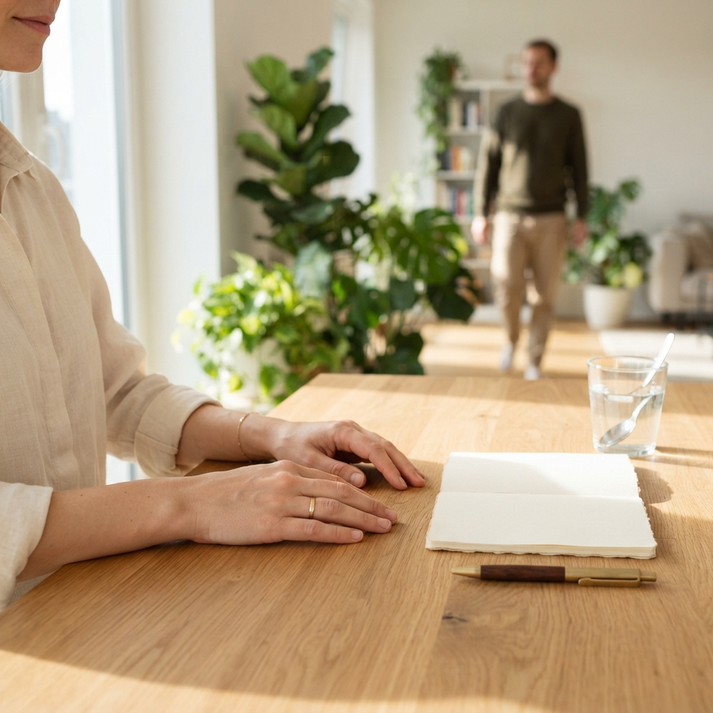 Calm workspace with a person in the background