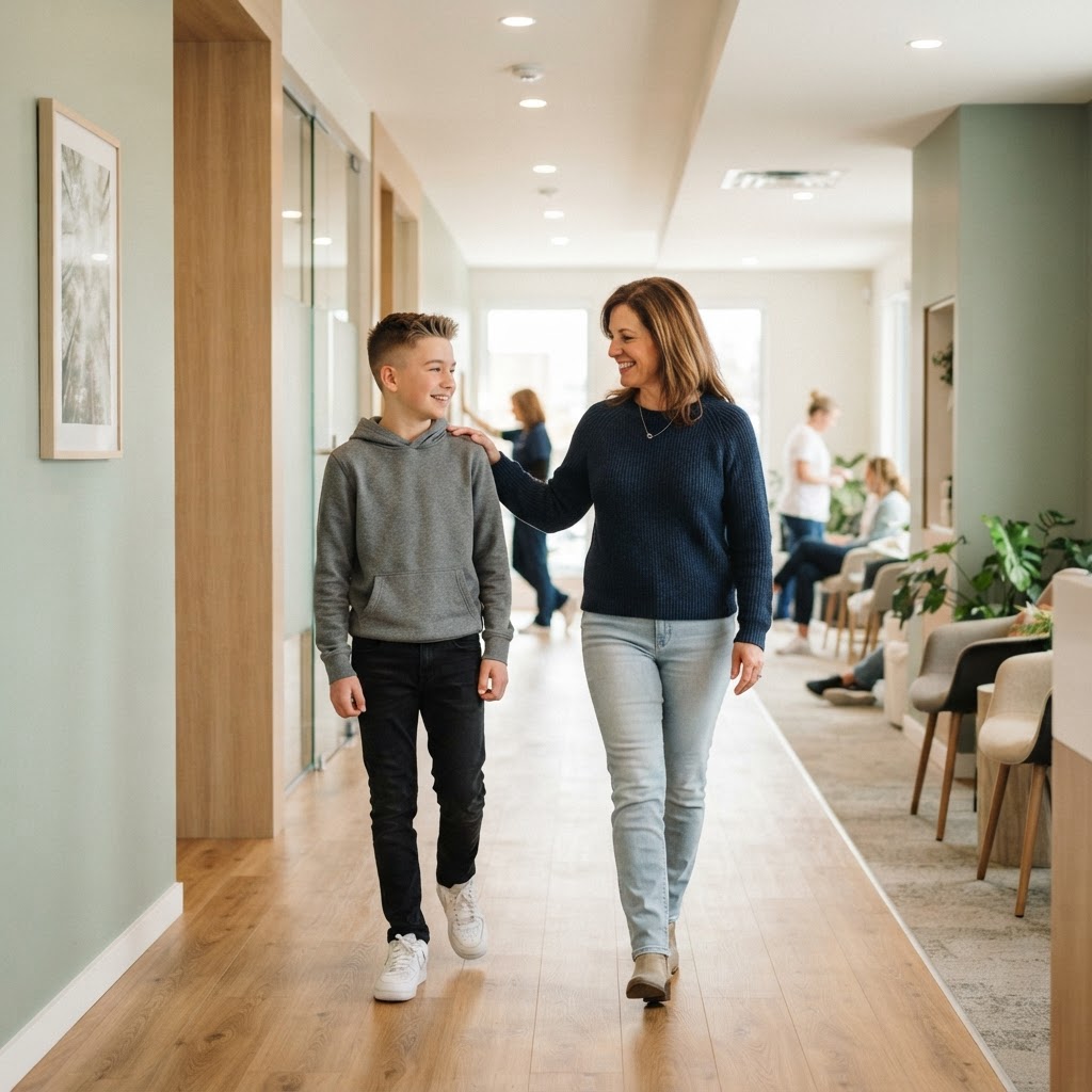Parent and child in a modern dental office