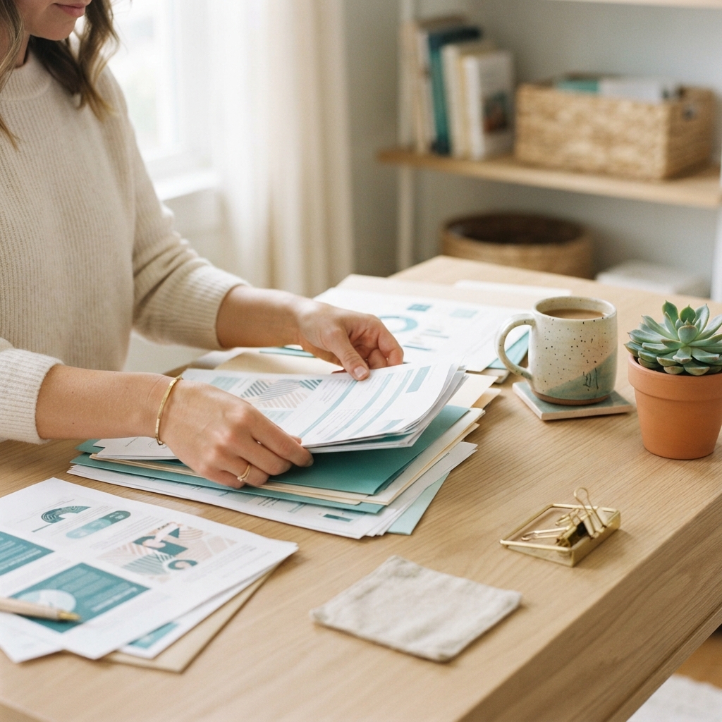 Organized health benefit paperwork on a modern office desk