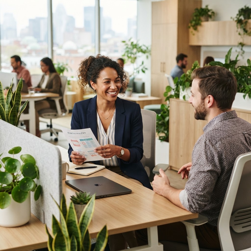 Professional employee reviewing dental benefits in a bright office