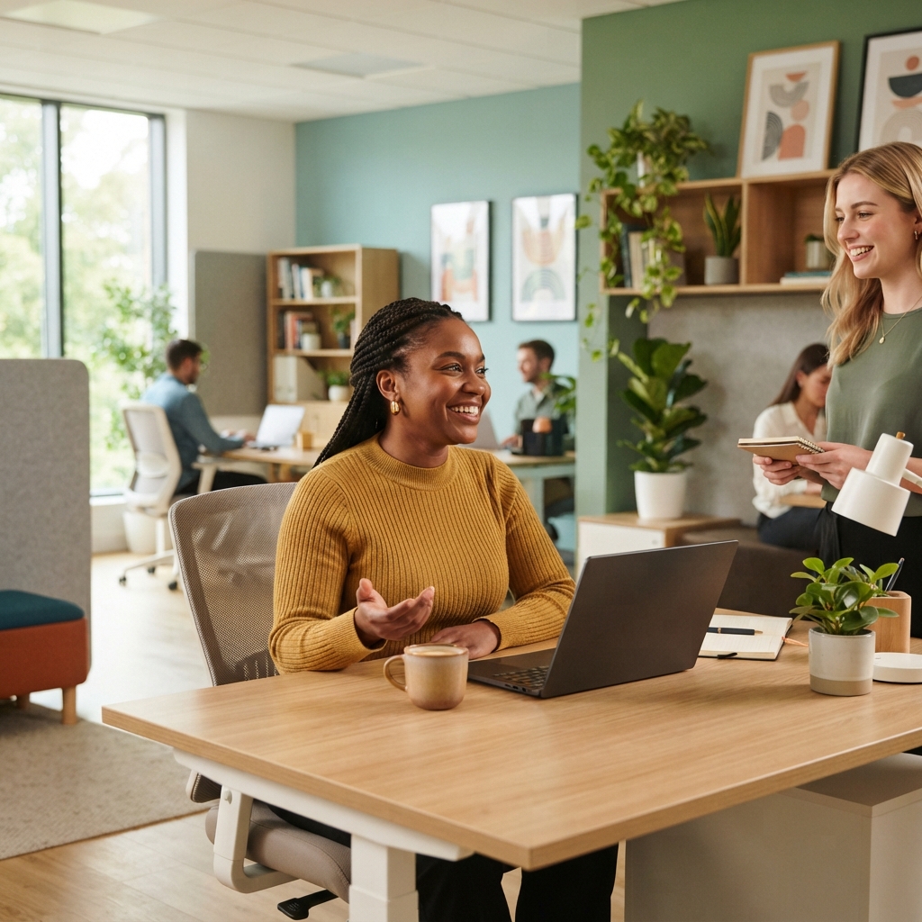 A smiling professional in a bright modern office