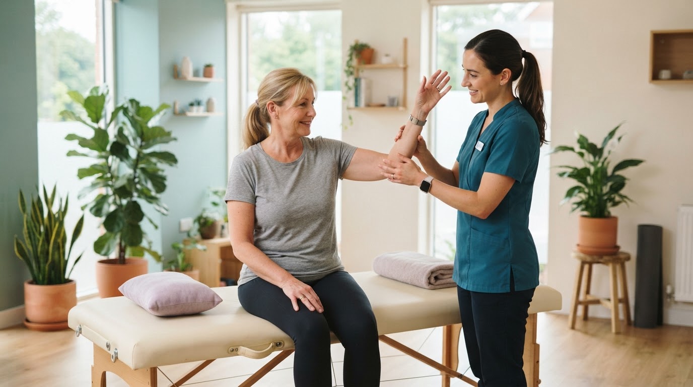 Physical therapist assisting a patient in a warm and modern clinical setting