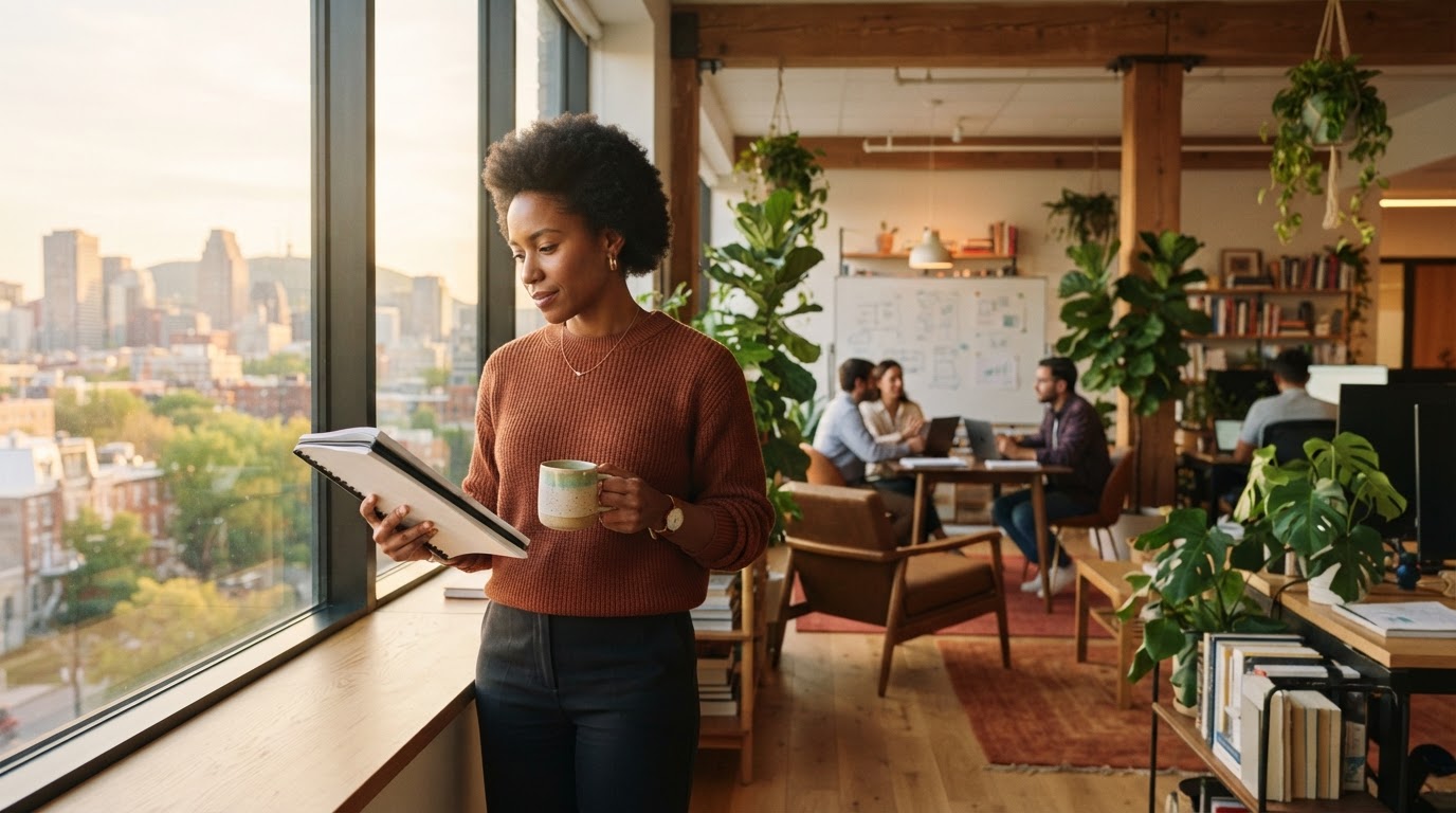 Professional in a modern sunlit office reviewing documents while holding a mug