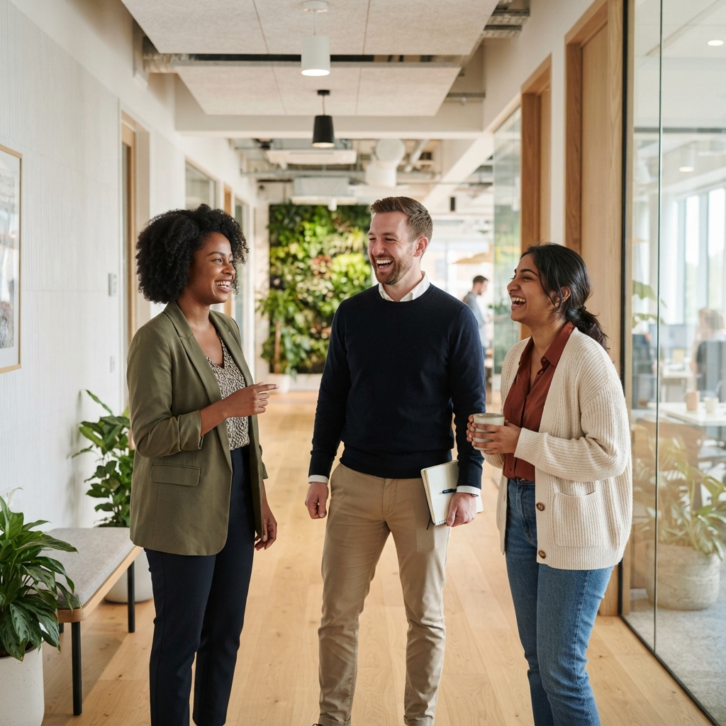 Colleagues chatting in a modern, friendly office space