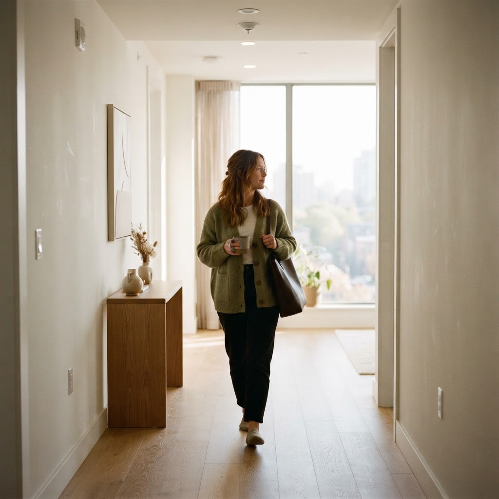A calm individual in a bright modern home setting