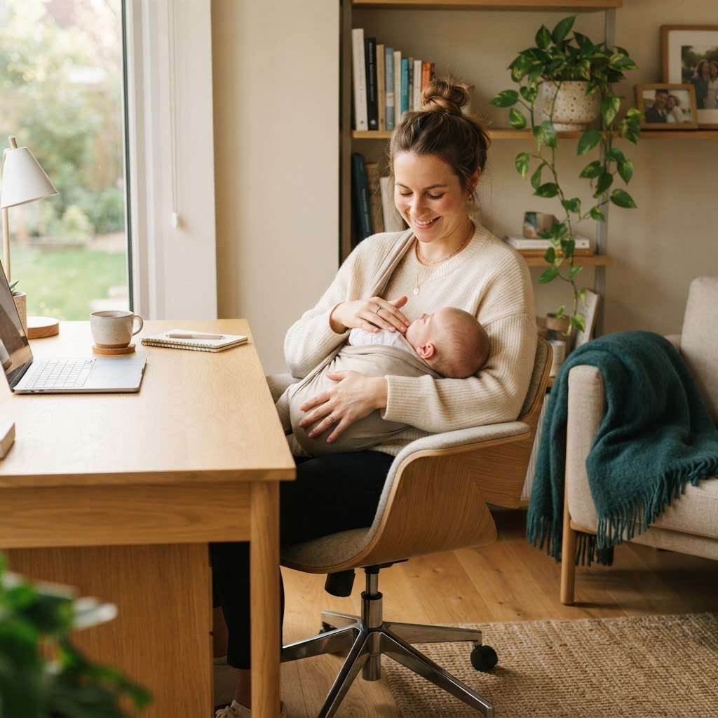 A parent in a peaceful home office environment