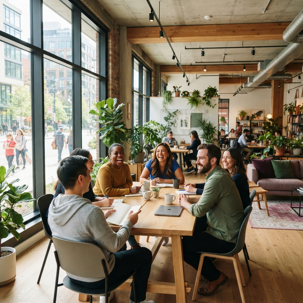 Diverse team collaborating in a modern office space