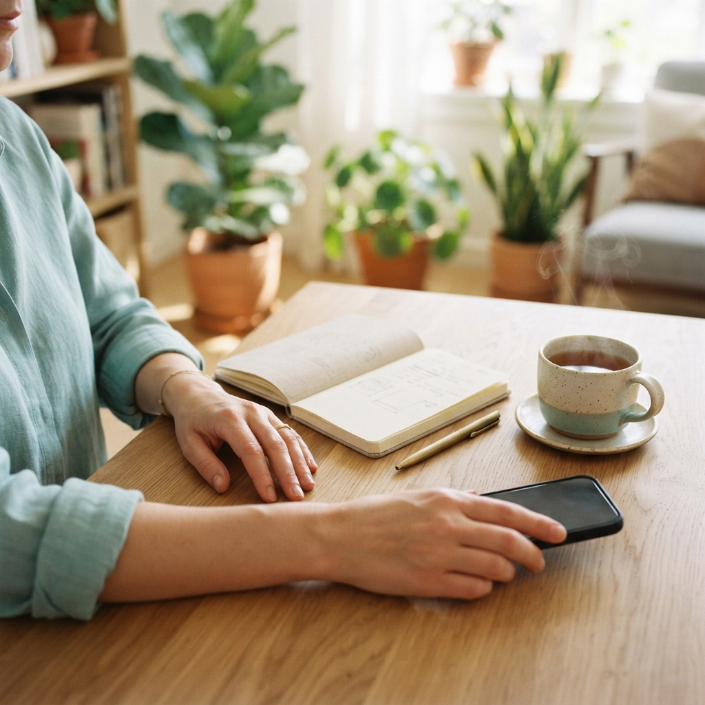 Relaxed person working from home with a mobile device