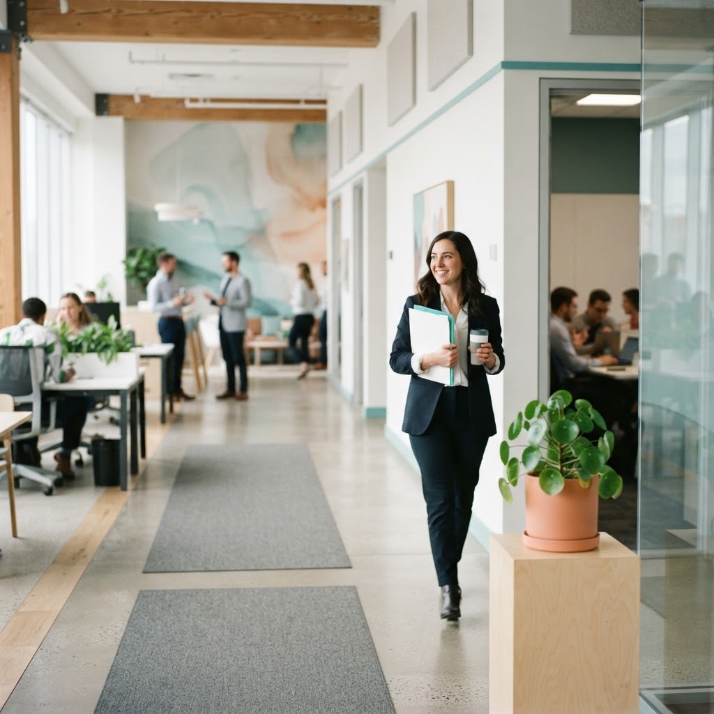 Modern Canadian office hallway with soft natural lighting