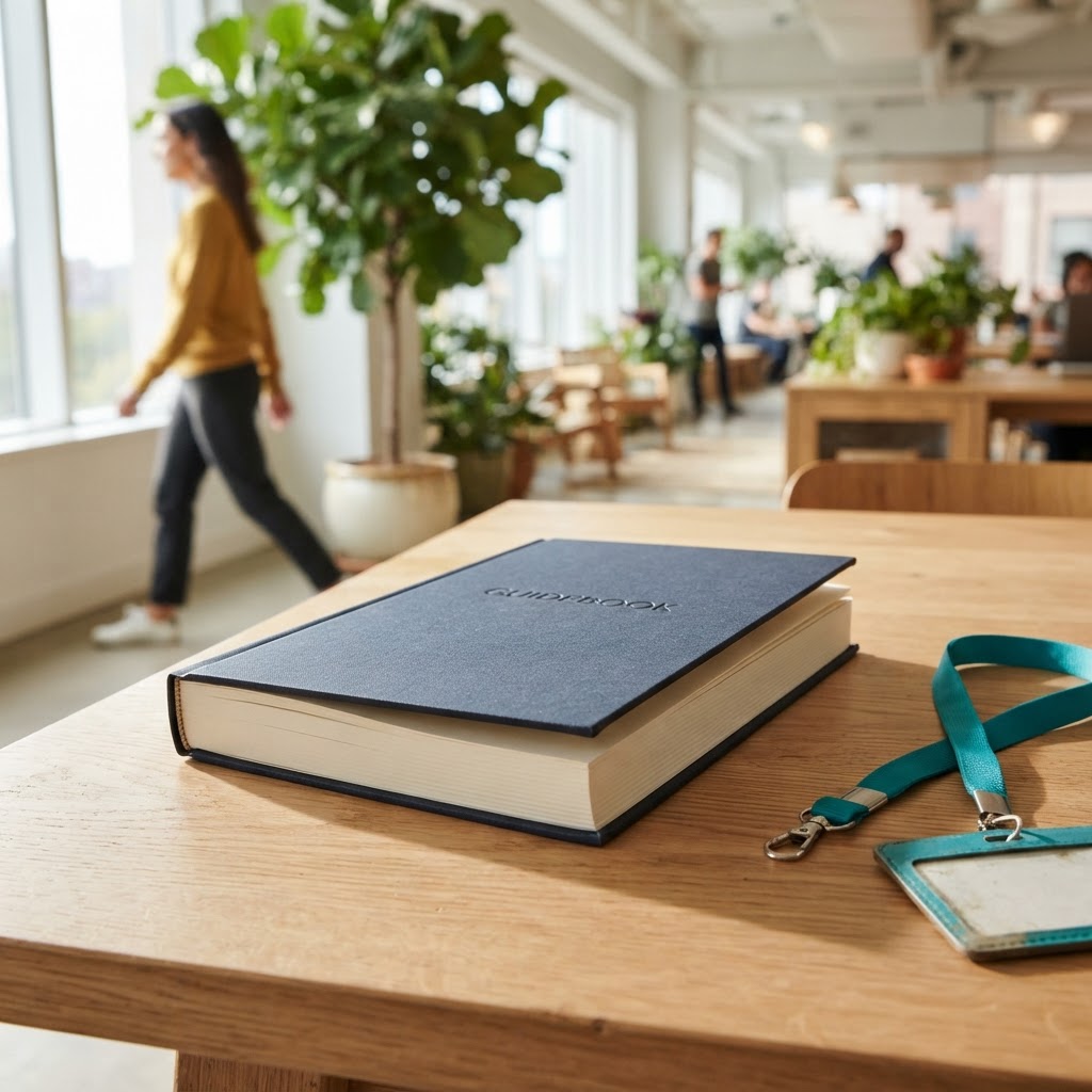 Physical employee handbook on a wooden office table