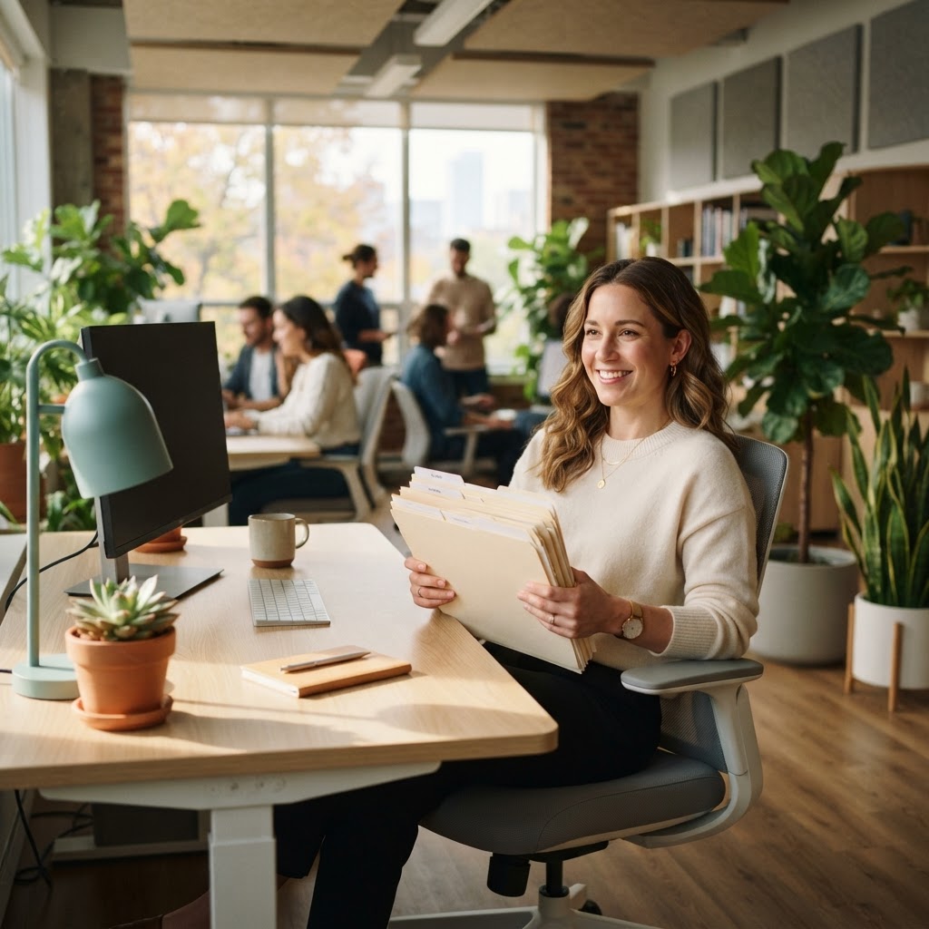 Professional reviewing workplace policy files in a sunlit office