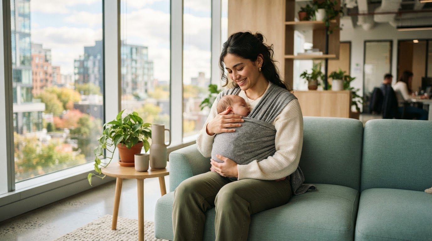 A new parent relaxing comfortably in a bright modern office