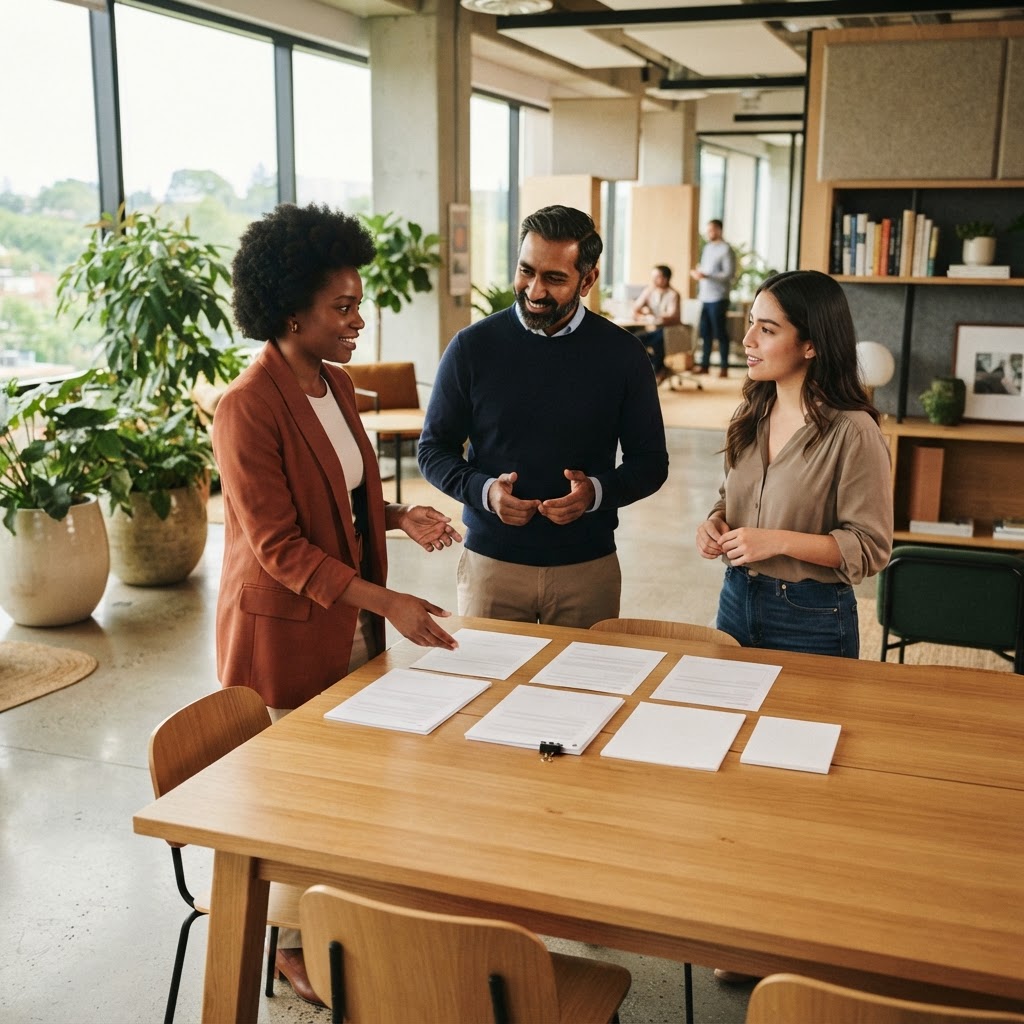 Diverse team collaborating in a sunlit modern office environment
