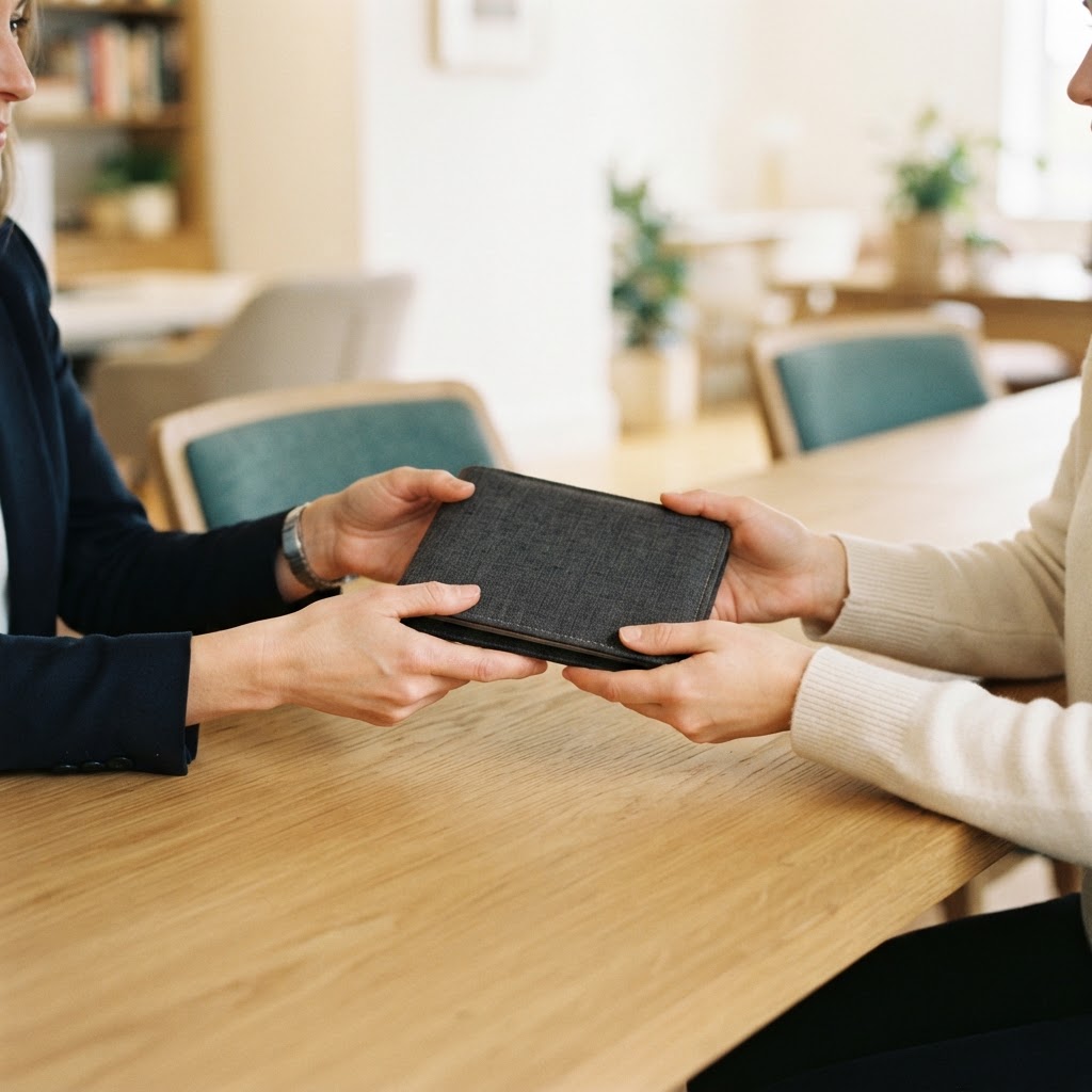 Professional hands exchanging a document in a warm office