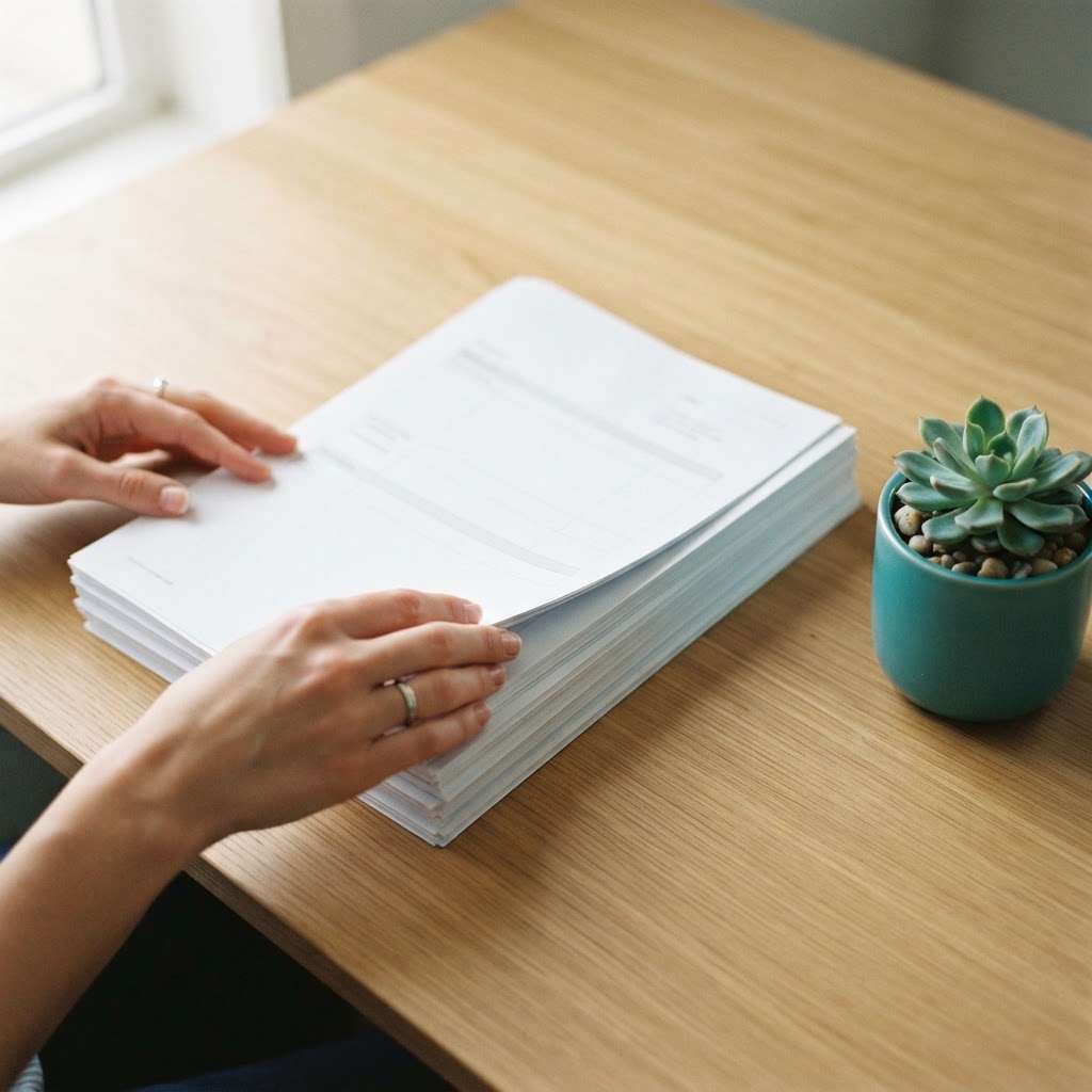 Organized payroll documents on a wooden desk