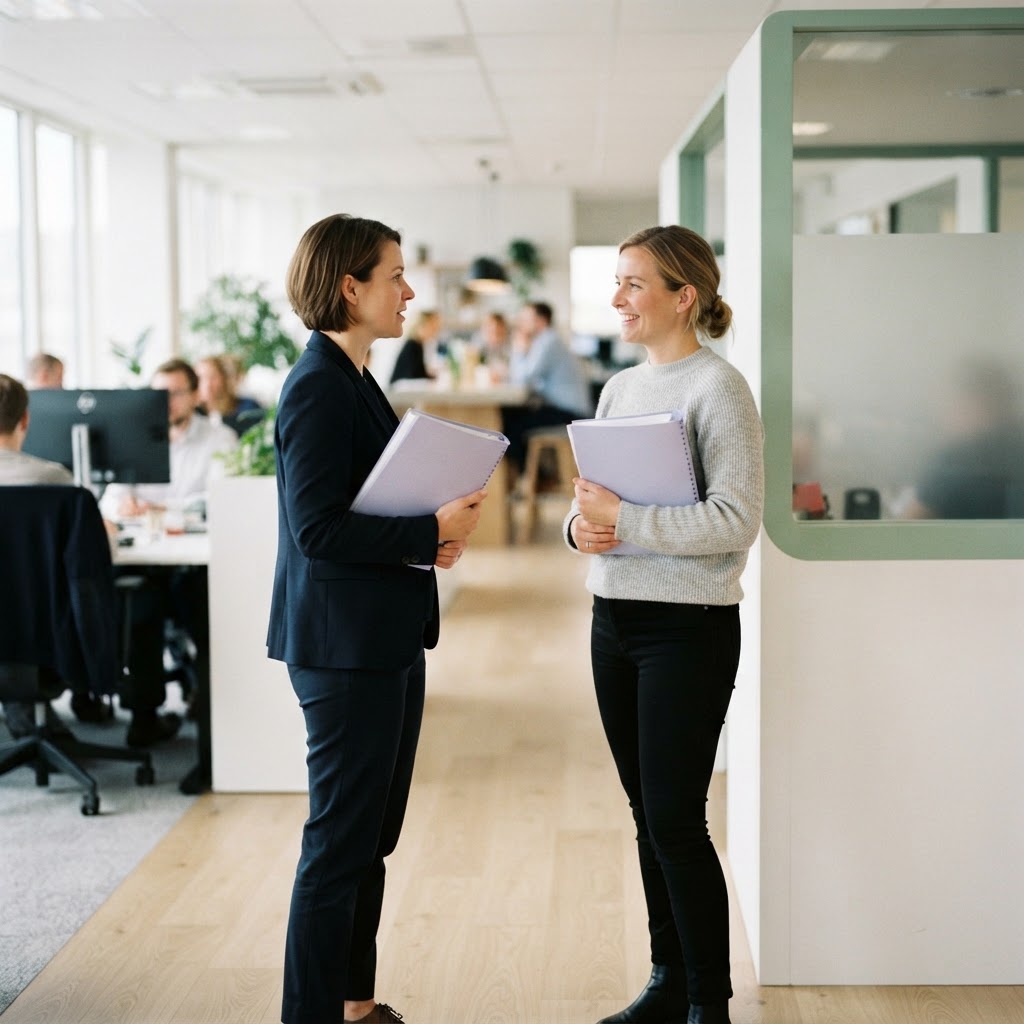 Two colleagues discussing work in an office