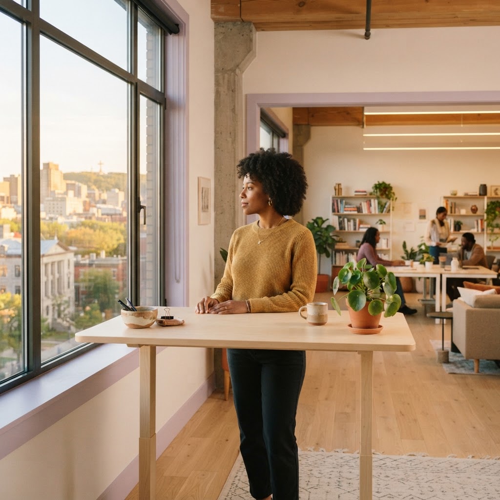 Employee standing at a desk in a modern bright office