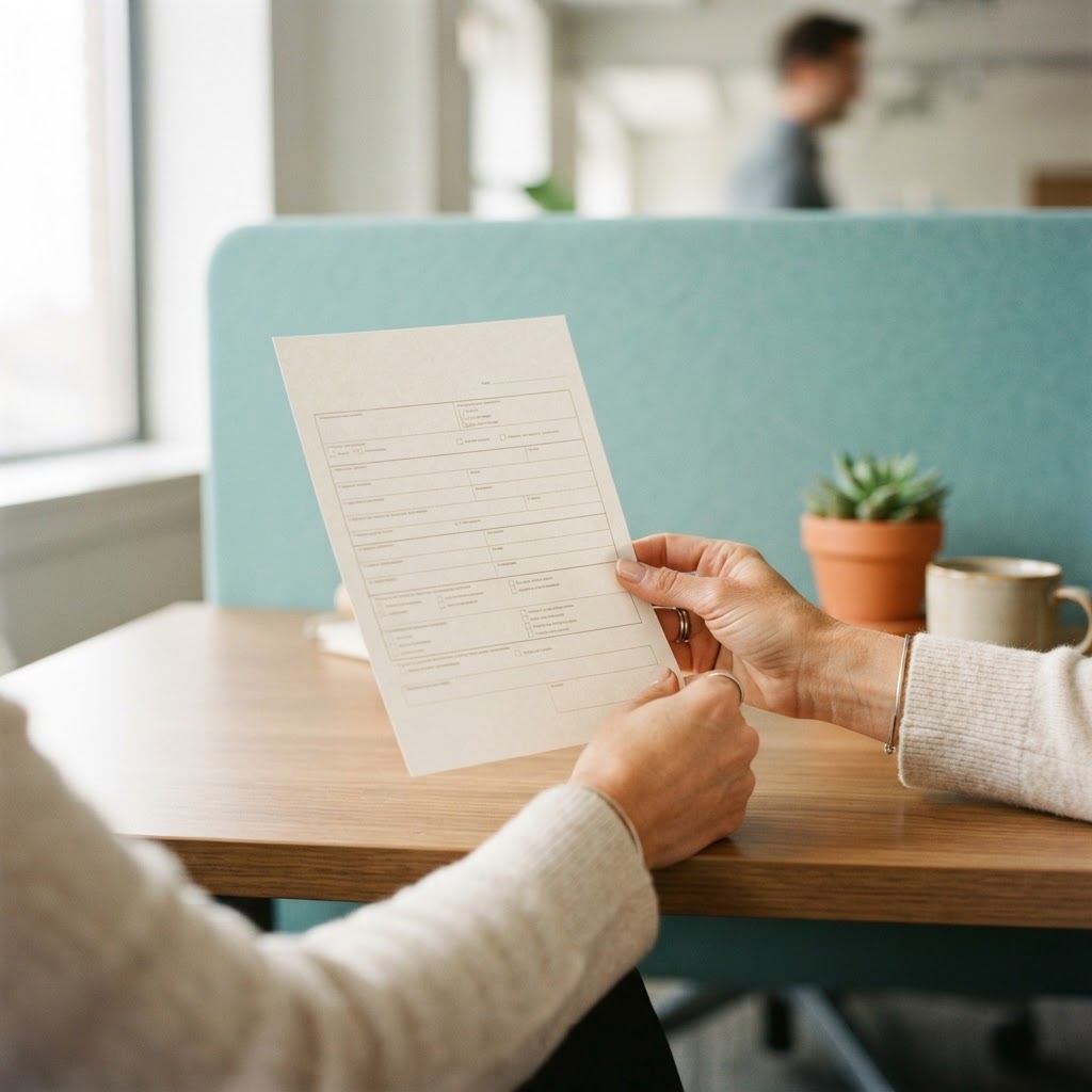 Hands holding a physical claim form in a modern office