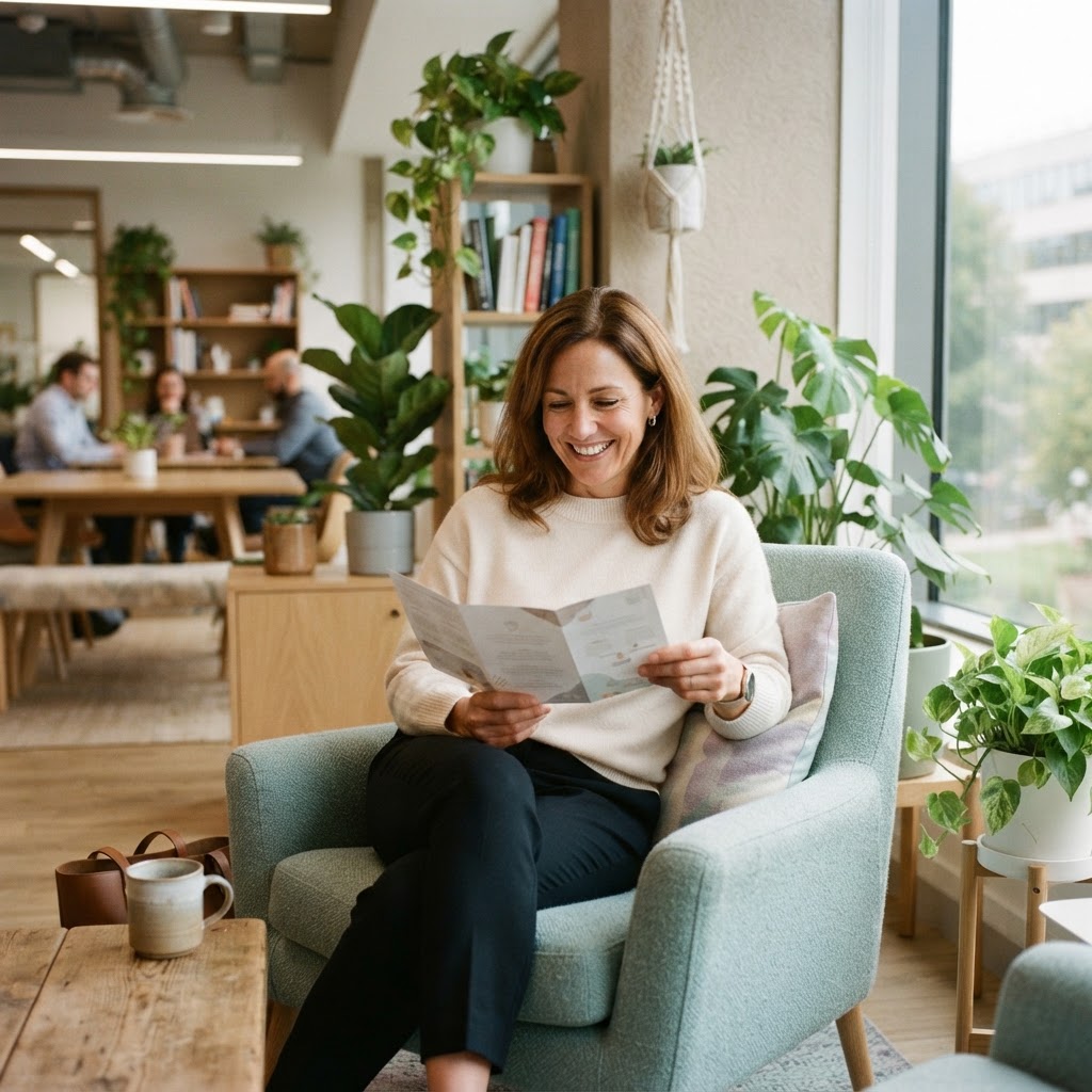 Professional woman reviewing a brochure in a sunlit lounge