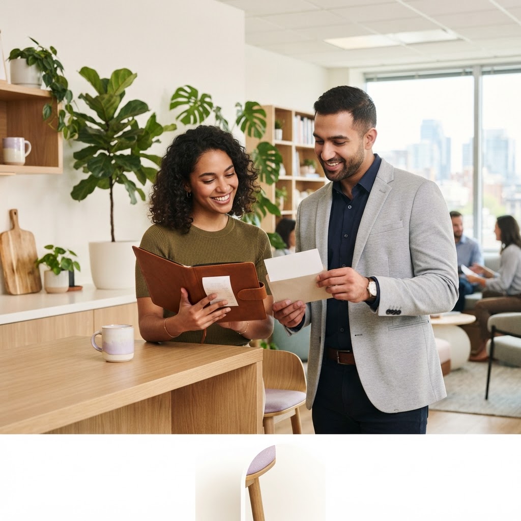 Two colleagues discussing benefits in a sunlit office kitchen