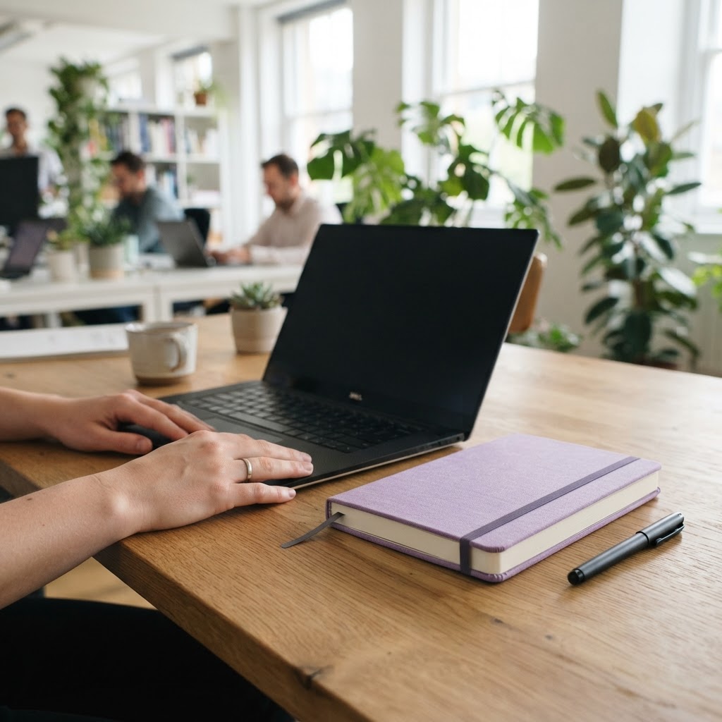 Clean organized office desk with a notebook and closed laptop