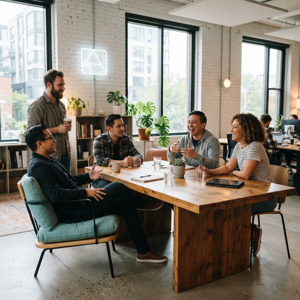 Team collaborating in a modern sunlit office space
