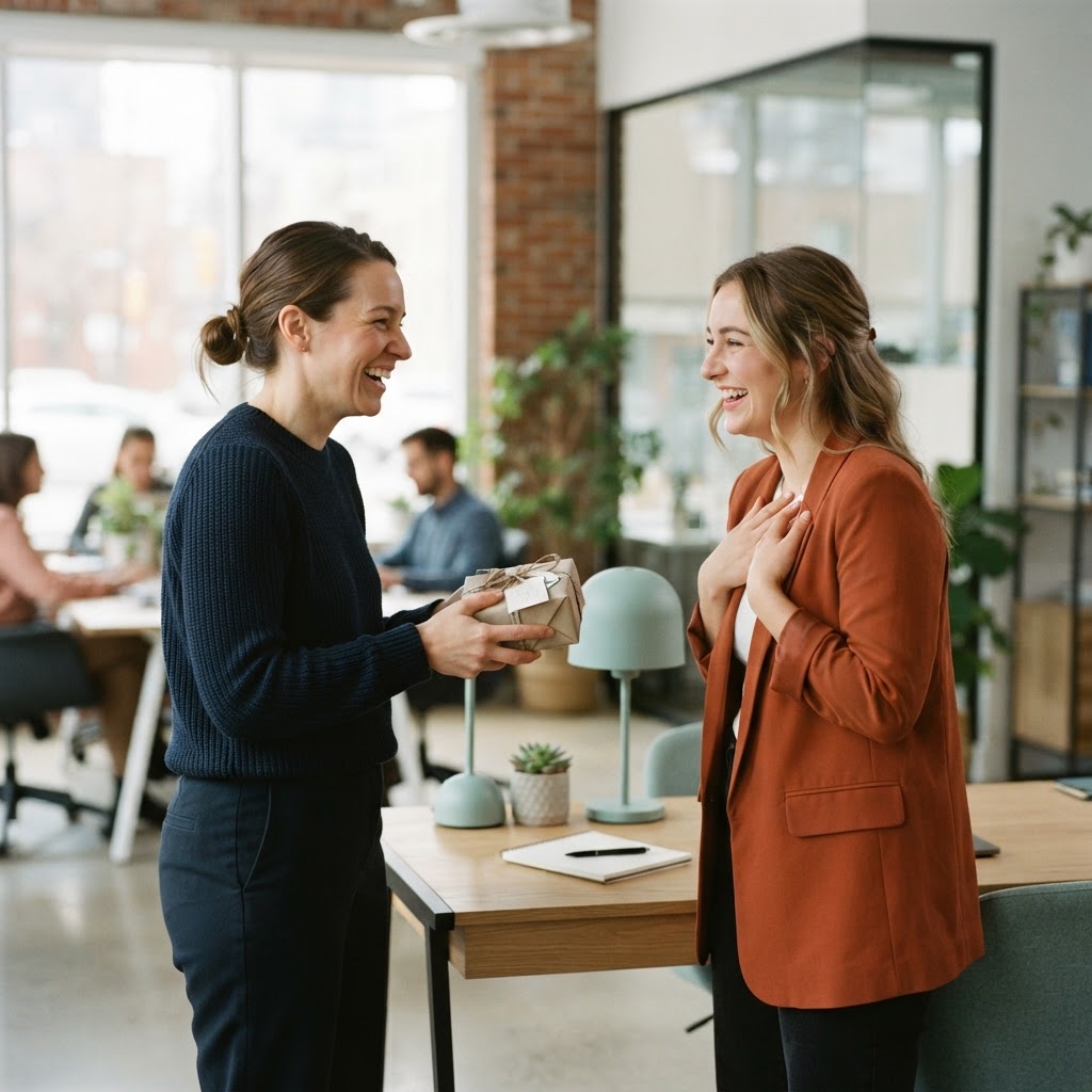 Two colleagues celebrating a work milestone in a modern office