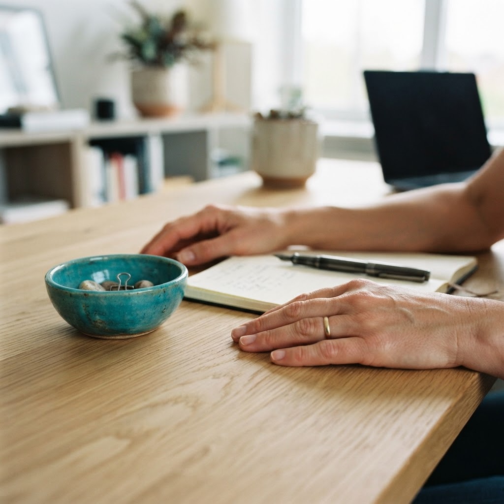 Close up of hands and desk objects
