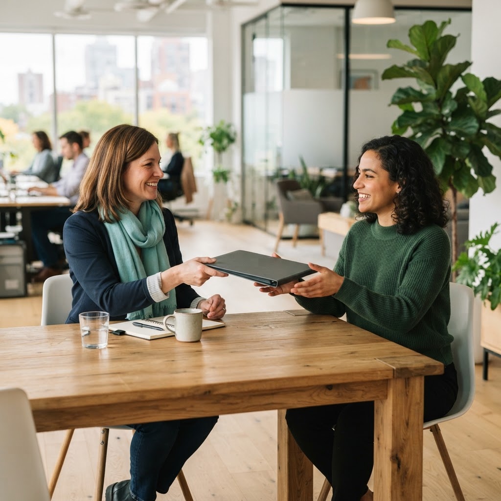 Two colleagues collaborating in a bright modern office