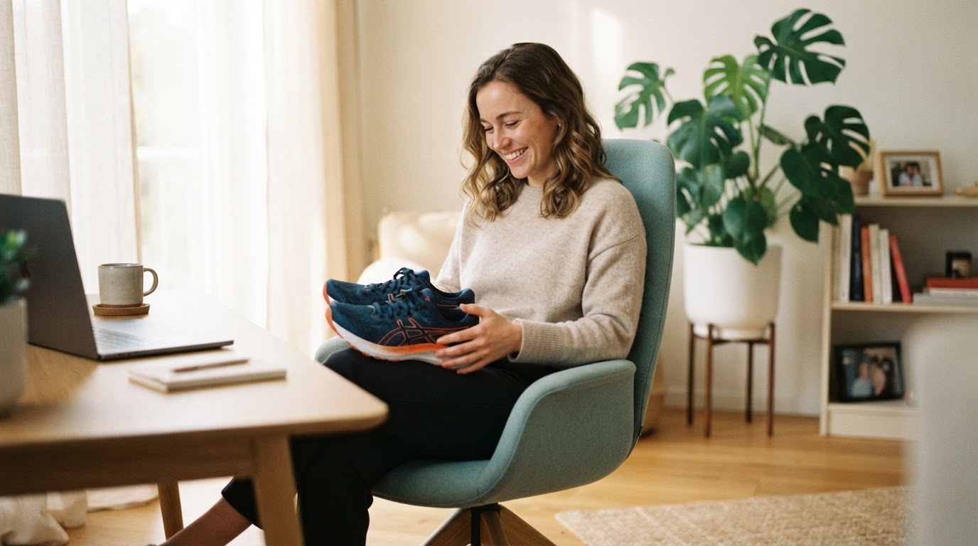 A young professional holding running shoes in a bright sunlit home office.