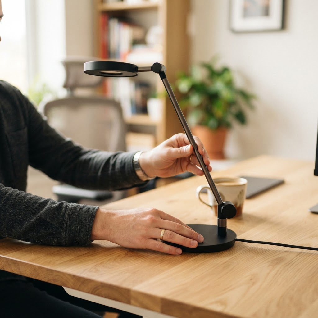 Hands placing a new desk lamp on a light wood desk.