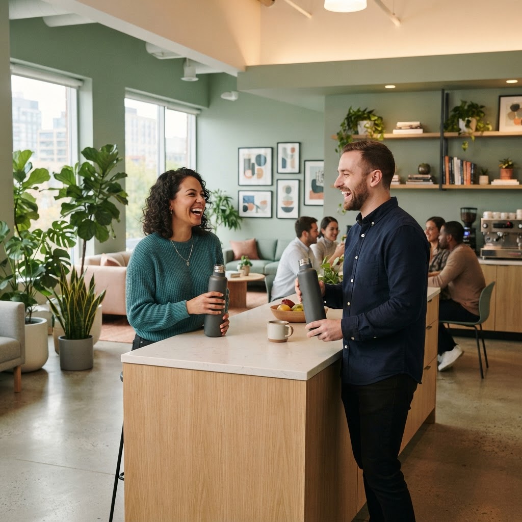 Two colleagues chatting in a bright modern office kitchen area.