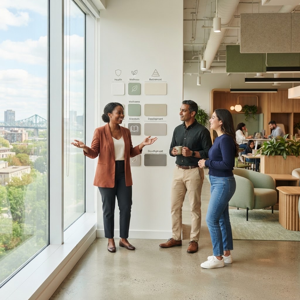 Colleagues discussing benefits in a bright modern office