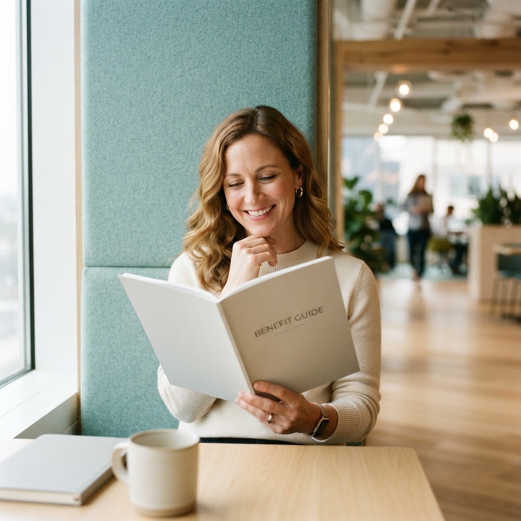 Employee reading benefit guide in a relaxed office setting