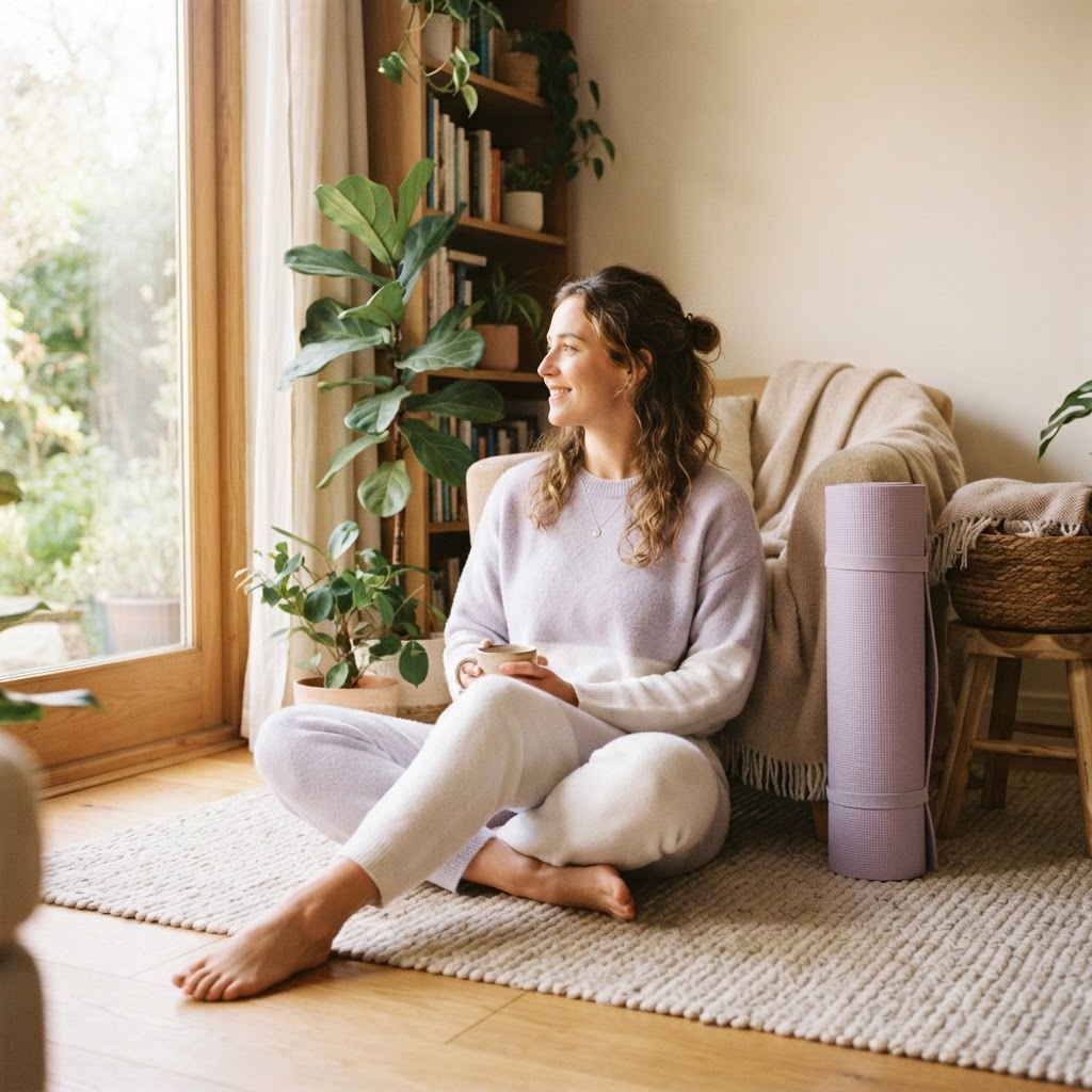 Employee relaxing at home with a yoga mat