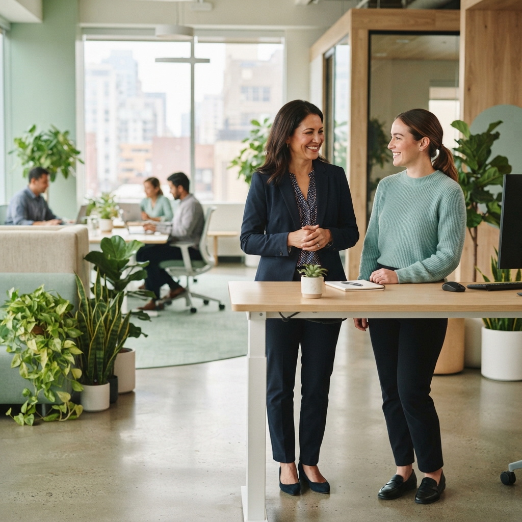 Manager and employee having a supportive conversation in a modern office