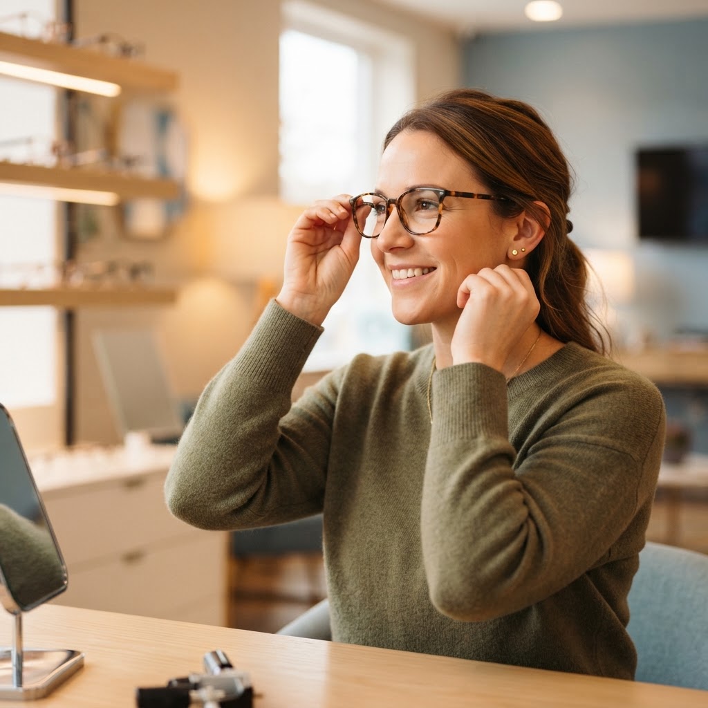 Person trying on new glasses at an optometrist office