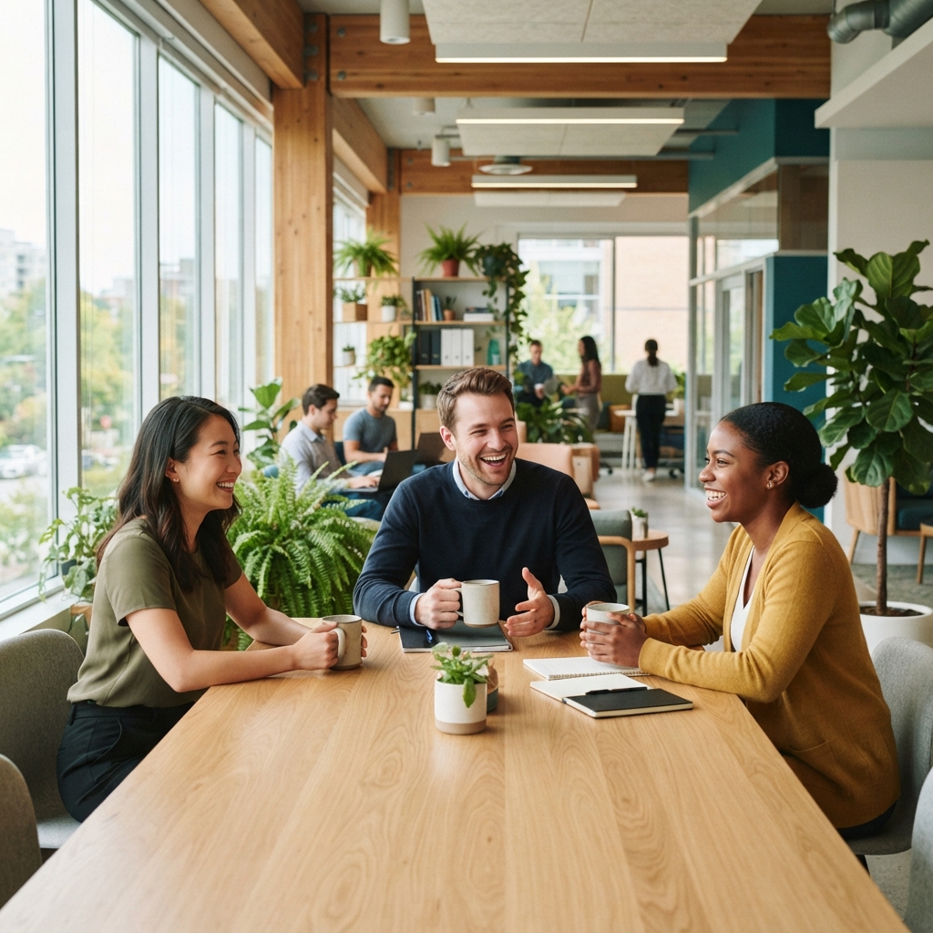 A diverse team collaborating in a bright modern office
