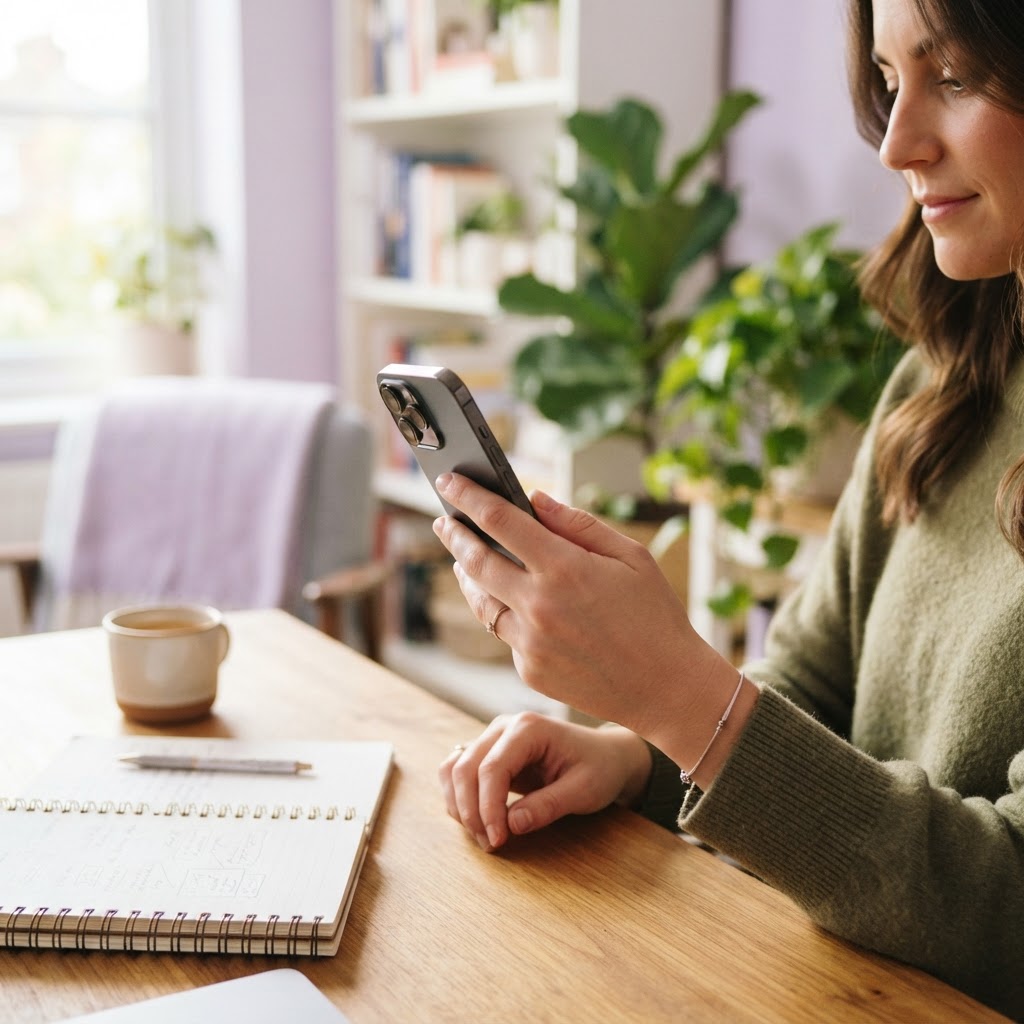 A person using a smartphone in a cozy home office
