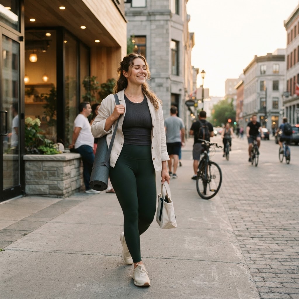 A professional walking outside after a yoga class