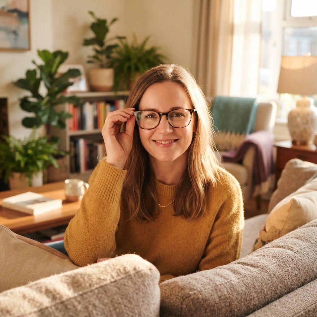 A person trying on new glasses at home