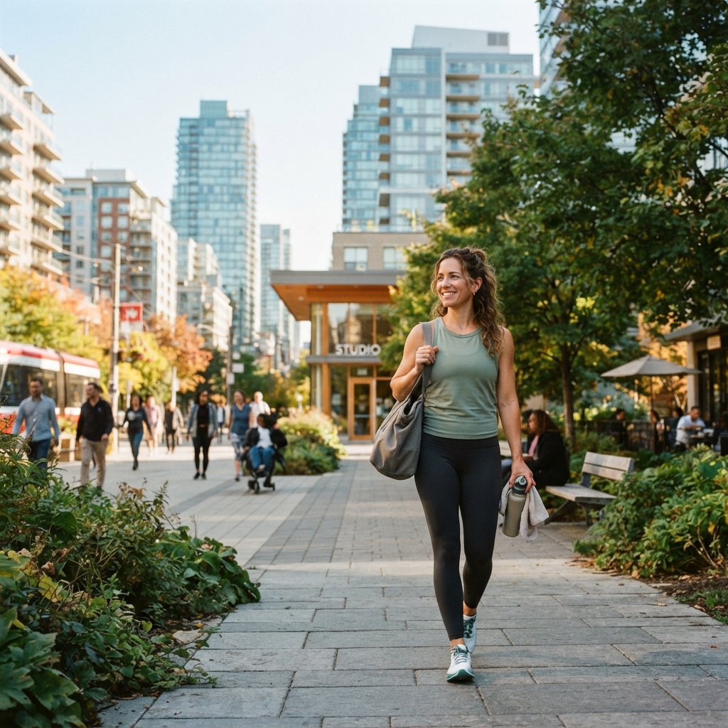 Person walking to a gym class in a city park