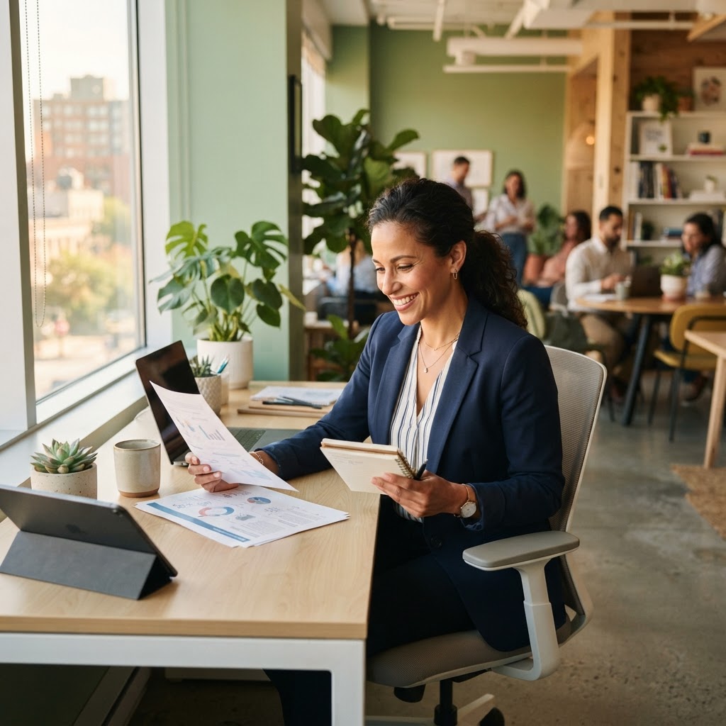 Employee reviewing workplace benefits at their office desk